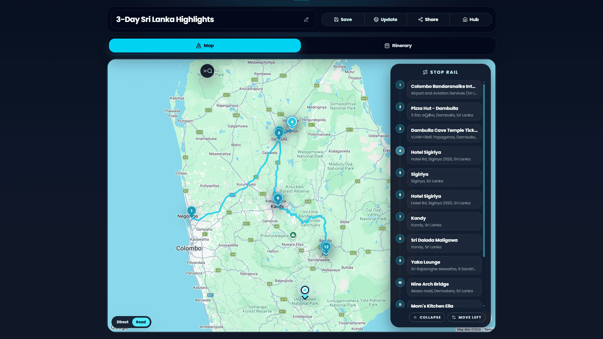 Illustrated itinerary planner with route map and stop cards